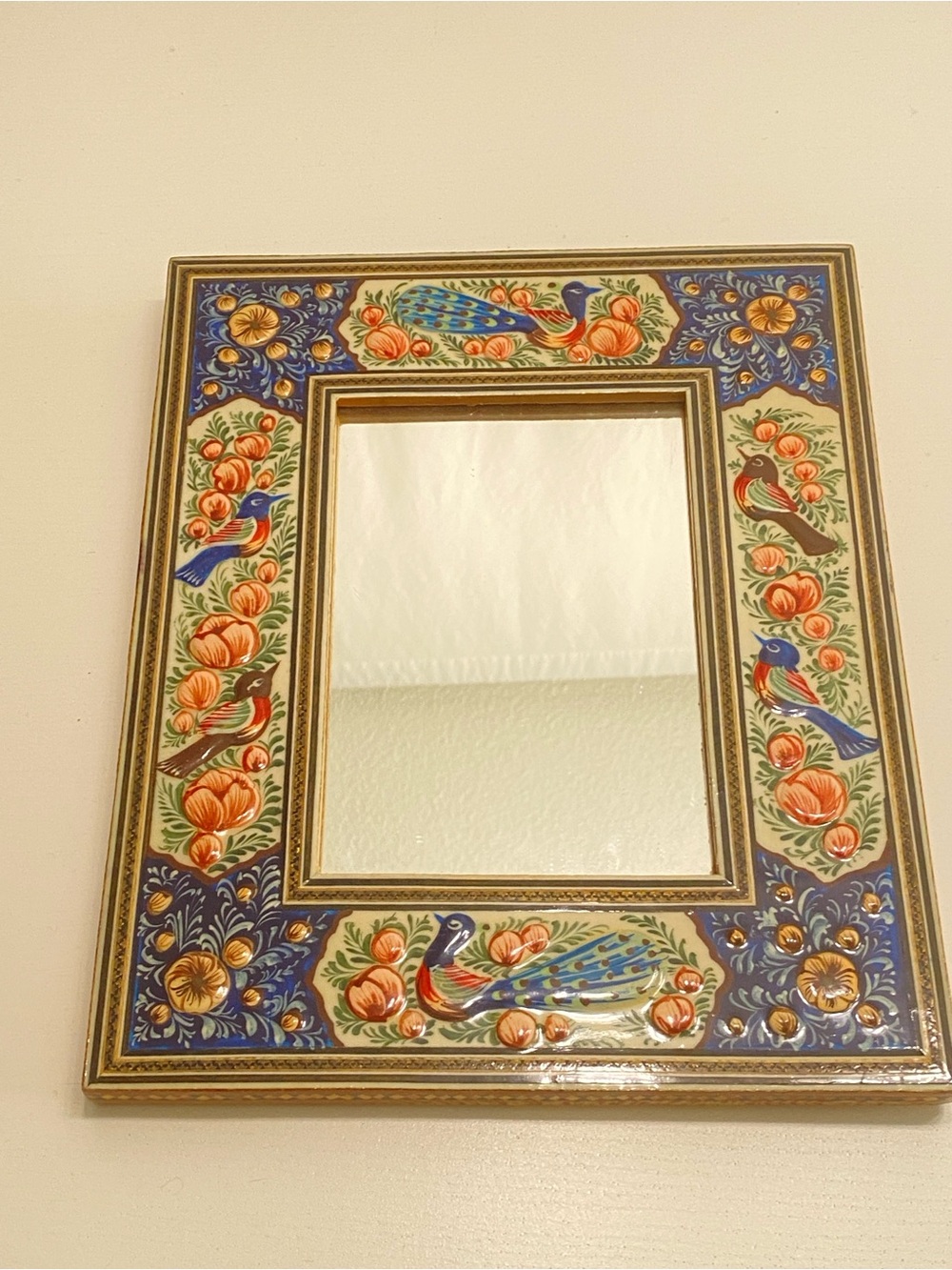 Vintage Blue, Orange & Green Hand-Painted Bird Mirror
